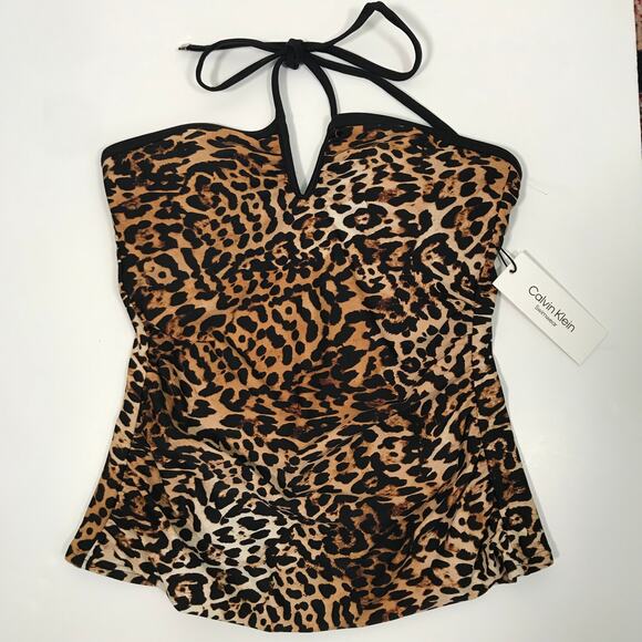 Calvin Klein Tankini Top Small Halter Bandeau Ruched V Notch Wire Animal Leopard - Picture 2 of 11